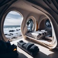 Ai generated a serene ocean view from a cozy beach house bedroom Royalty Free Stock Photo