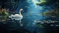 A serene swan gliding gracefully across a peaceful lake, its reflection mirrored in the still water by AI generated