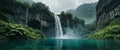 AI-generated serene waterfall surrounded by lush greenery, cliffs and clear water Royalty Free Stock Photo