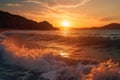Beautiful sunset on a wild shore with waves