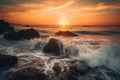 Beautiful sunset on a wild shore with waves