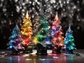 Small colorful bright metallic lighted Christmas trees, with dark bokeh effect background