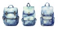 Ai generated set of watercolor illustrations of blue backpacks for study.