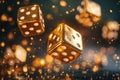 AI generated a several golden dice in the air with five dots on all their faces