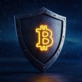 AI Generated Shield with Neon Bitcoin Symbol on Dark Background