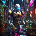 A shiny metal robot watering plants in a bright and colorful futuristic city, at night