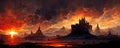 AI-generated shot of a dystopian fairy tale land with castles under a glowing red sky