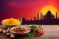 Showcase a flavorful Indian dish against a vibrant backdrop with generous copy space