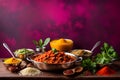 Showcase a flavorful Indian dish against a vibrant backdrop with generous copy space