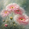 Side view of close-up corollas of pink gerberas in a light, variegated watercolor color with gradient light gray background Royalty Free Stock Photo