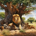 the sight of a pride of lions resting under the shade of a majestic baobab tree by AI generated Royalty Free Stock Photo