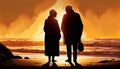 Silhouette of Elderly Couple, Beach, Made with Generative AI