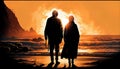 Silhouette of Elderly Couple, Beach, Made with Generative AI