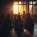 AI-generative Golden Hour in the Classroom - Silhouettes of Children
