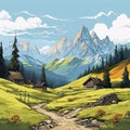 AI generated. Simple colored austrian mountain landscape. View with wooden mountain cabins and mountains.