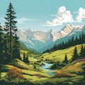 AI generated. Simple colored austrian mountain landscape. Mountain river with green alpine meadows.