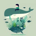 Children book illustration in falt vectorial style of a small child riding a whale in the bottom of the ocean Royalty Free Stock Photo