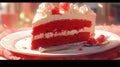 slice of decadent and velvety red velvet cake with a cream cheese frosting swirl manga cartoon style by AI generated