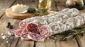 Sliced cured salami on wooden board with cheese, olives, and herbs. Royalty Free Stock Photo