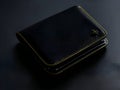 AI generated small black leather wallet with gold trims on a dark surface