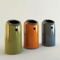 AI Generated. Small round designer trash cans of different colors on a light background.