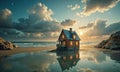 A house is on the beach with a sunset in the background. Royalty Free Stock Photo