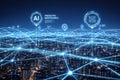 AI generated smart city at night with glowing data connections predictive maintenance indicators and artificial intelligence Royalty Free Stock Photo