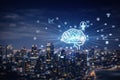 AI generated smart city skyline with glowing digital brain and connected data icons representing artificial intelligence big data Royalty Free Stock Photo