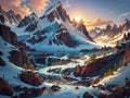 AI generated snow clad mountain ranges and the melting glaciers with the sunset at the backdrop