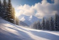 AI generated snow clad mountains and pine trees at the peak of winters