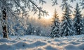 A snowy scene with trees and a sun in the background. Royalty Free Stock Photo