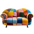 Soft multicolored upholstered sofa in vintage style with wooden legs on the white background