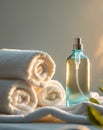 Soft towels and glass bottle create serene spa atmosphere with warm sunlight