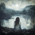AI-Generated Solitary Figure Overlooking Moonlit Lake