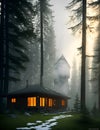 Ai generated a solitary house surrounded by dense fog in the heart of a forest