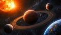 Ringed Planet System Illuminated By A Bright Sun And Multiple Celestial Bodies Royalty Free Stock Photo