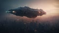 AI generated spacecraft hovering above a bustling urban area