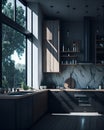 Ai generated a spacious and bright kitchen featuring a large window and a functional sink Royalty Free Stock Photo