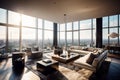 AI generated spacious living room with a large window and furniture showcasing a city skyline