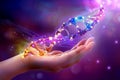 Sparkling illuminated DNA helix floating above a hand, set against a dark, mystical background, representing the wonders of gen