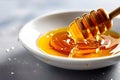 AI Generated-A spoonful of honey is drizzled over a white plate Royalty Free Stock Photo