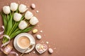 Spring Coffee Flat Lay With White Tulips And Pastel Easter Candy Accents Royalty Free Stock Photo