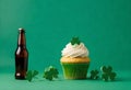 st patrick\'s day cupcake and beer on green background Royalty Free Stock Photo