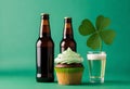 st patrick\'s day cupcake and beer on green background Royalty Free Stock Photo