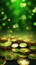 St. Patrick\'s day picture with green beer, coins, shamrock and lights. Vertical banner