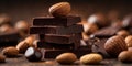 Stack of dark chocolate pieces with nuts. Royalty Free Stock Photo