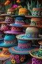 Stack of intricately patterned Mexican sombreros at a market. Royalty Free Stock Photo