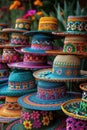 Stack of intricately patterned Mexican sombreros at a market.