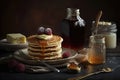 AI generated Stack of pancakes with blackberries, honey and butter on black background