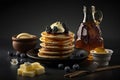 AI generated Stack of pancakes with blackberries, honey and butter on black background
